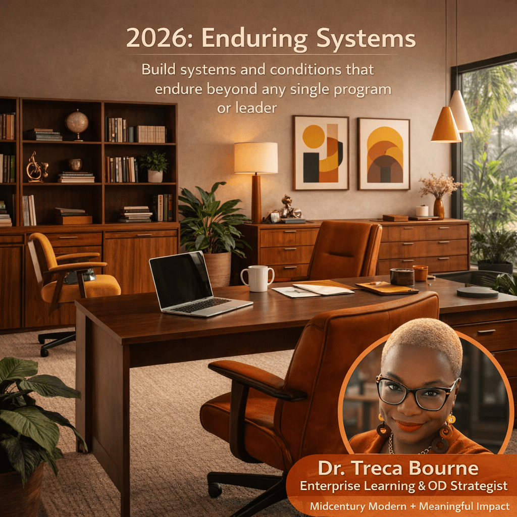 A mid-century modern office with warm wood furniture, gold and burnt orange accents, and natural light from large windows. Two framed geometric art prints hang on the wall above matching cabinets and plants. A laptop, notebook, coffee mug, and pen sit on the main desk. Text at the top reads “2026: Enduring Systems” with a subtitle “Build systems and conditions that endure beyond any single program or leader.” In the bottom right corner, a circular inset photo shows a smiling Black woman with short blonde hair, glasses, and statement earrings, labeled “Enterprise Learning & OD Strategist.”