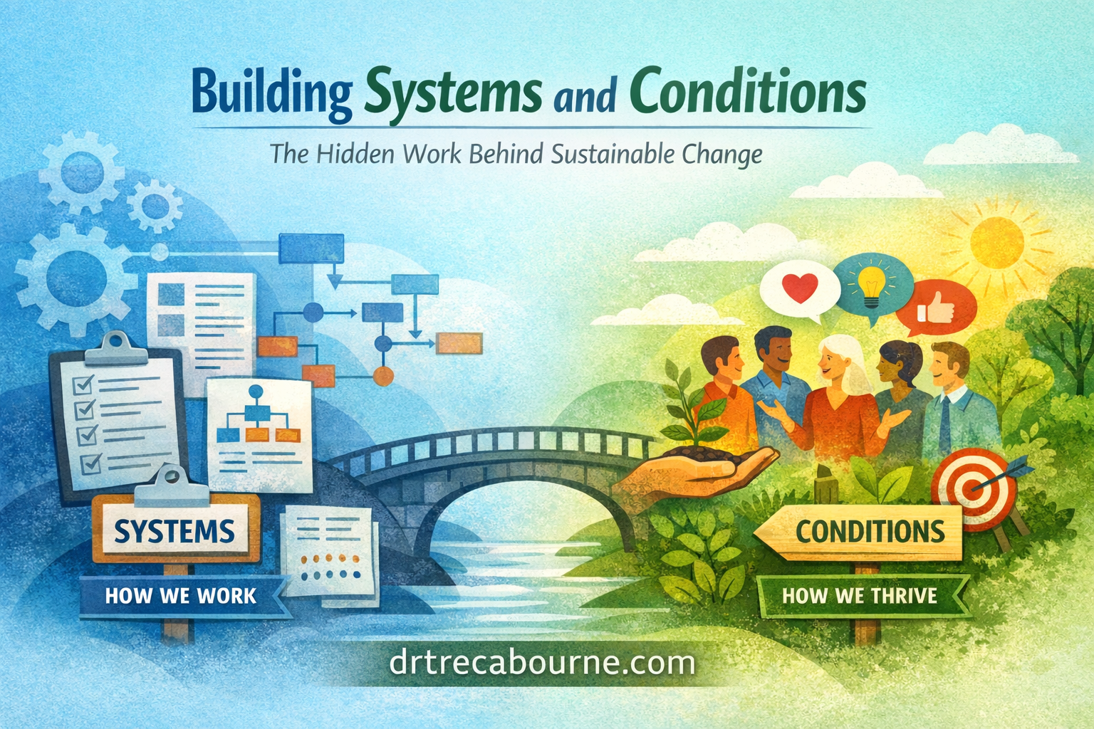 A split digital illustration titled “Building Systems and Conditions: The Hidden Work Behind Sustainable Change.” The left half, in cool blue tones, shows gears, flowcharts, clipboards with checklists, and labeled documents to represent structured systems, with a sign reading “Systems — How We Work.” The right half, in warm green and yellow tones, shows a sunny outdoor scene with diverse colleagues talking, speech bubbles with a heart, lightbulb, and thumbs-up, a target with an arrow, and leafy growth to represent supportive conditions, with a sign reading “Conditions — How We Thrive.” A stone bridge connects the two sides across a river, symbolizing the link between structure and environment. At the bottom center of the image, the website “drtrecabourne.com” is displayed.