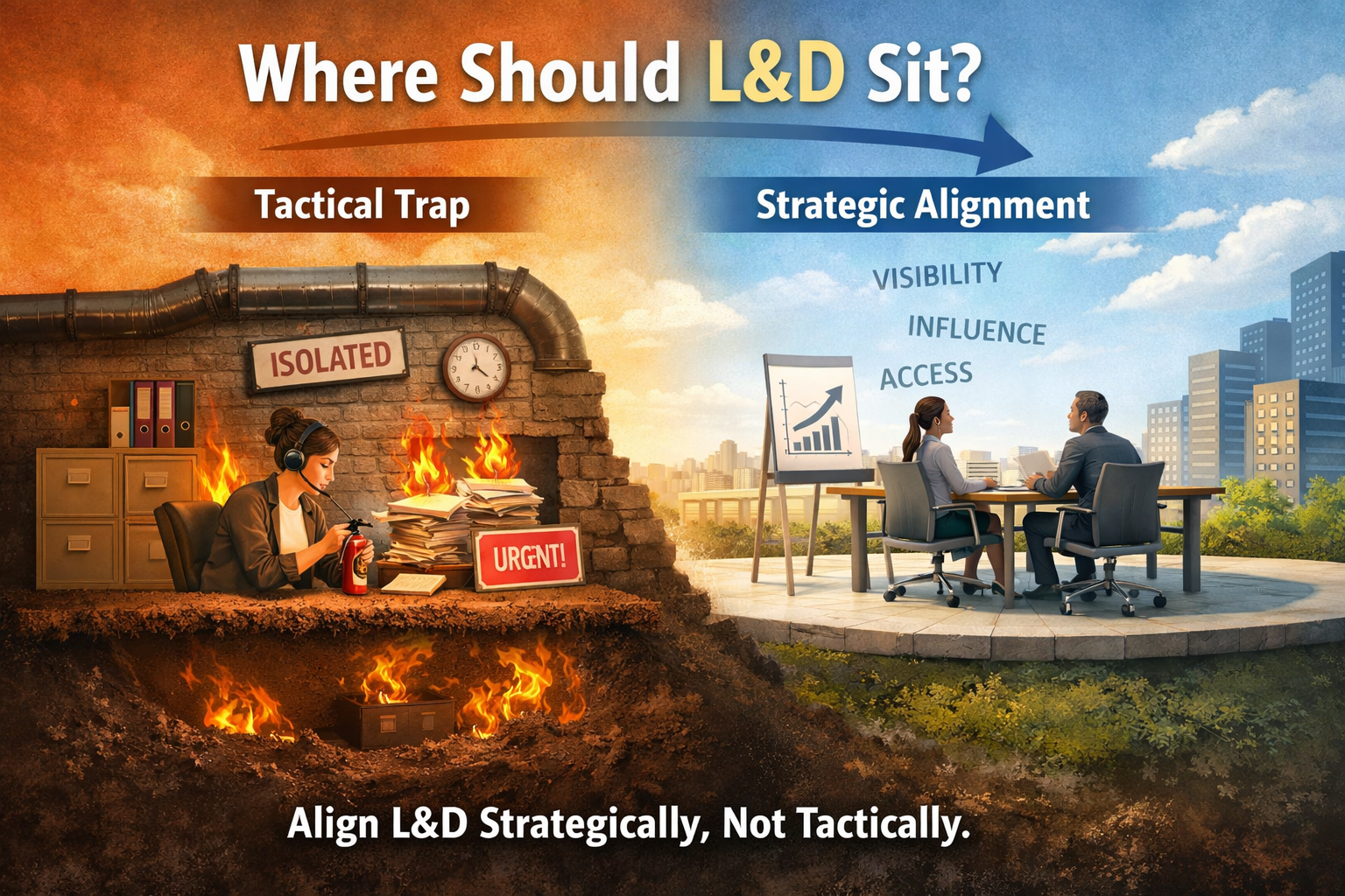A split-screen illustration compares two settings labeled “Tactical Trap” and “Strategic Alignment” under the question “Where Should L&D Sit?” On the left, in a dark basement-like space, an overwhelmed L&D professional sits among piles of burning paperwork labeled “Urgent,” symbolizing reactive work. On the right, in a bright outdoor corporate setting, two professionals have a strategic planning discussion beside a growth chart, with the words “Visibility,” “Influence,” and “Access” floating nearby. The caption at the bottom reads: “Align L&D Strategically, Not Tactically.”