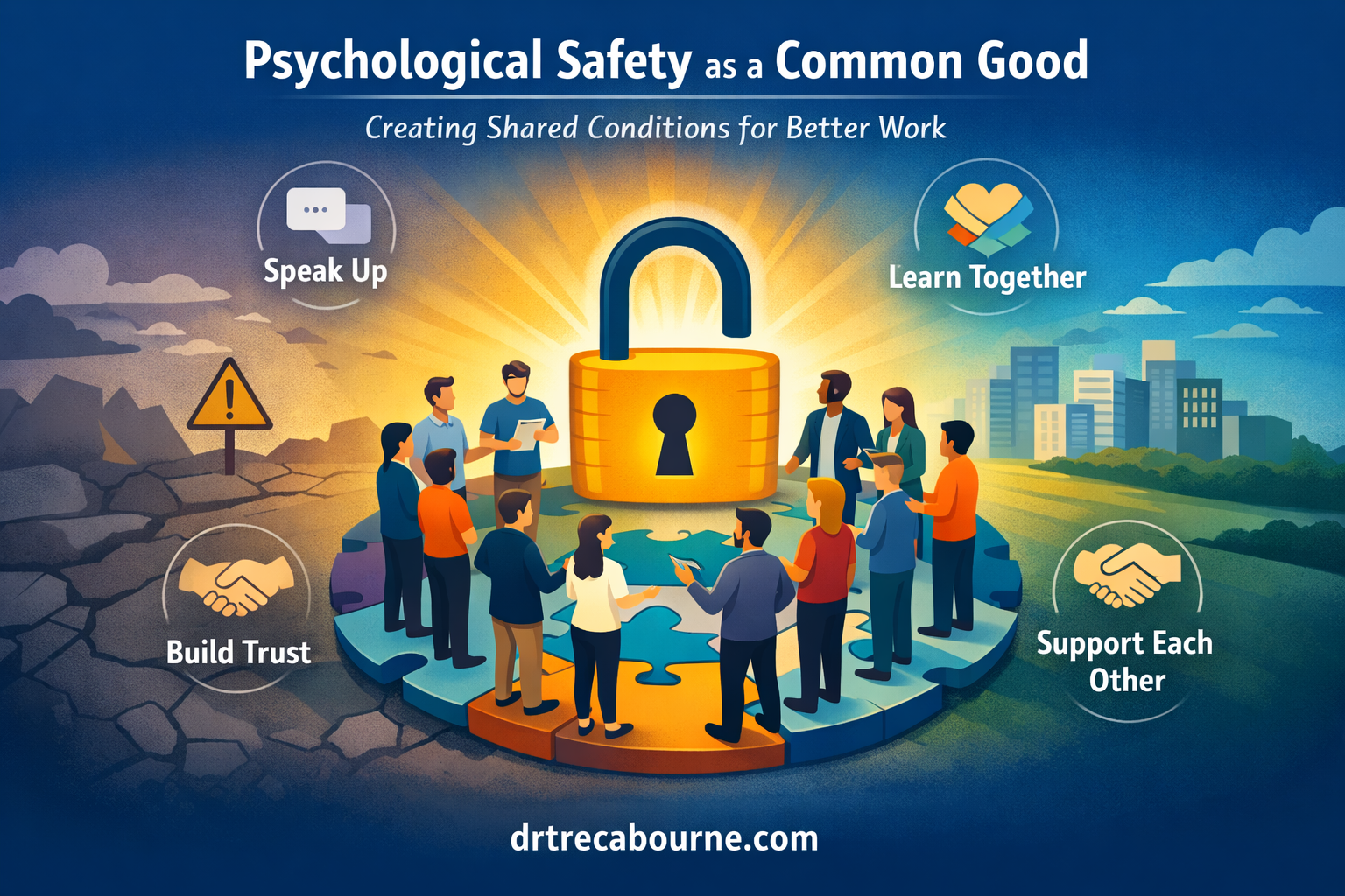 An illustrated scene shows a diverse group of professionals standing in a circle on large puzzle pieces, gathered around a large unlocked golden padlock that glows with light, symbolizing shared psychological safety. To the left of the group, the landscape looks cracked and barren with a caution sign, representing scarcity and threat. To the right, the landscape transitions into a bright city skyline with green space, symbolizing collaboration and possibility. Four circular icons surround the group with short phrases: “Speak Up,” “Learn Together,” “Build Trust,” and “Support Each Other.” Text at the top reads “Psychological Safety as a Common Good” with the subtitle “Creating Shared Conditions for Better Work.” At the bottom is the website “drtrecabourne.com.”