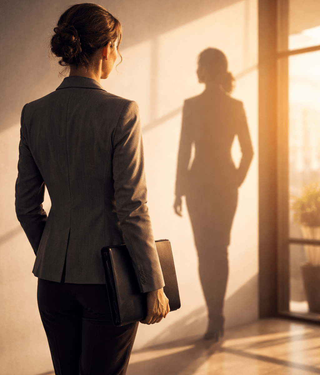 Image of a woman facing a window with a visible shadow on the wall next to her