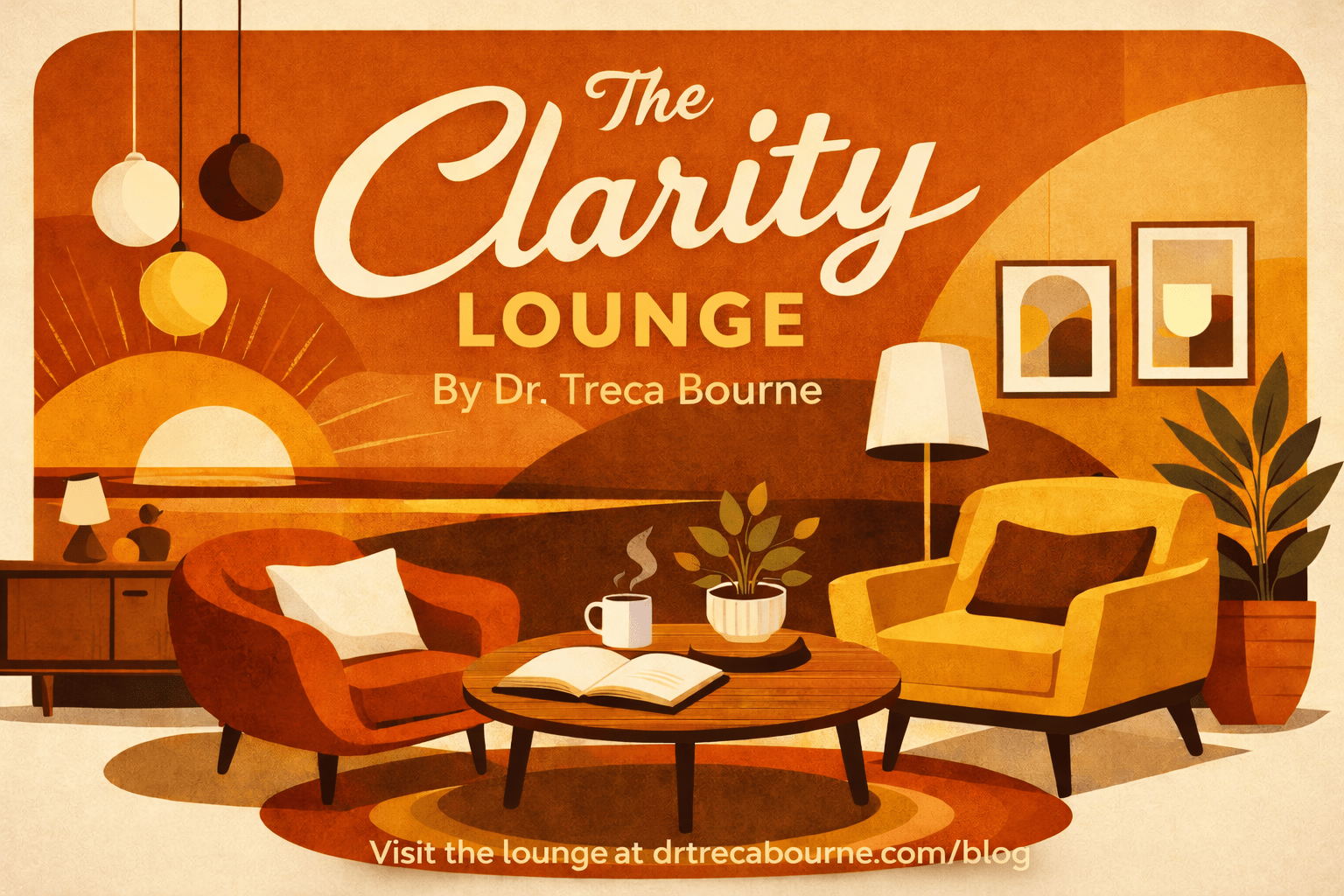 A mid-century modern illustration in burnt orange, mustard, brown, and white showing a cozy lounge with two retro armchairs, a wooden coffee table with an open book and coffee mug, hanging globe lights, indoor plants, and framed abstract art. The text reads “The Clarity Lounge — By Dr. Treca Bourne” with “Visit the lounge at: drtrecabourne.com/blog/” along the bottom.