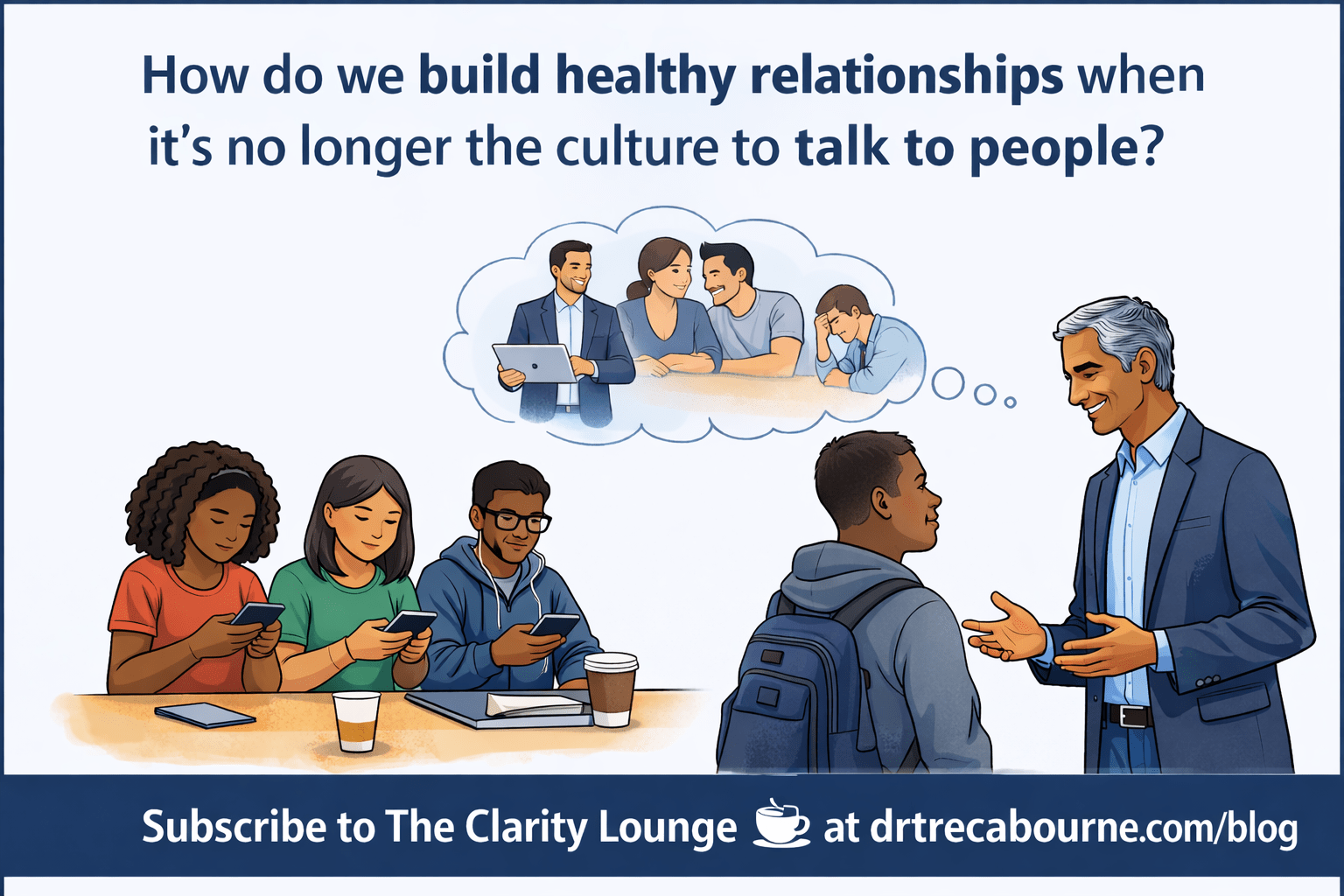 Clean, infographic-style illustration on a white background. On the left, three students of diverse backgrounds, sit at a table looking down at their smartphones. On the right, an older professional engages in face-to-face conversation with a young Black man wearing a backpack. Above them, a thought bubble shows scenes of human connection, including collaboration, conversation, and emotional support. Large headline text reads, “How do we build healthy relationships when it’s no longer the culture to talk to people?” A blue footer banner reads, “Subscribe to The Clarity Lounge ☕ at drtrecabourne.com/blog.”