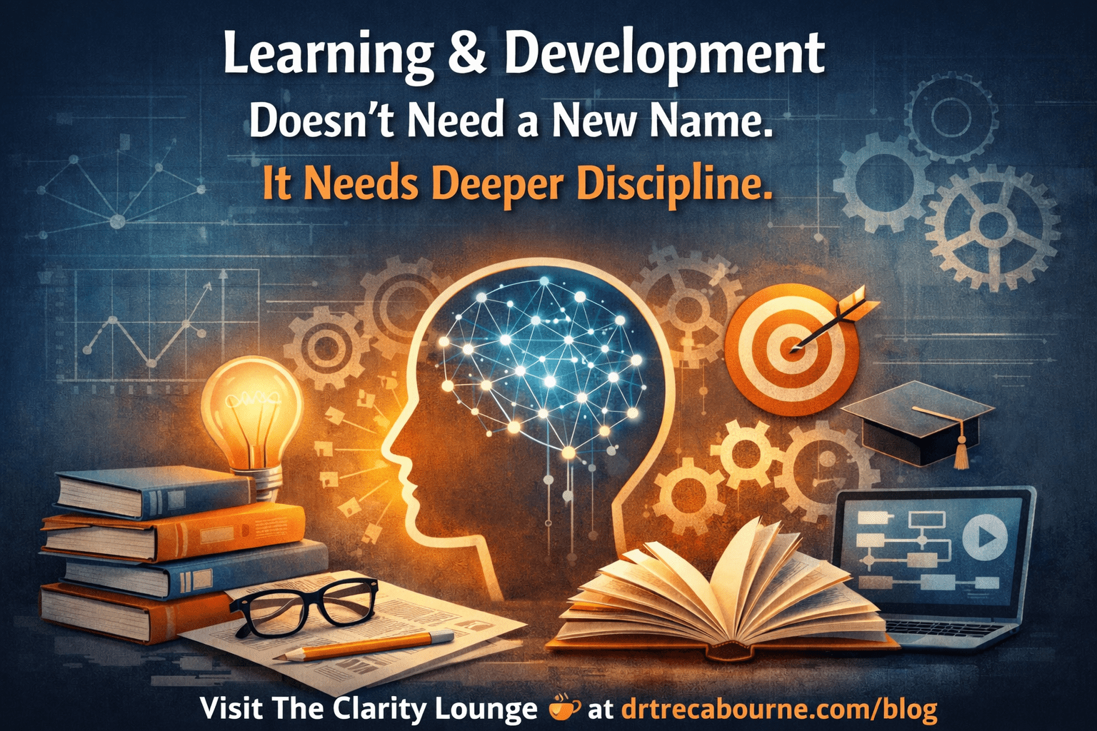 Digital illustration with the headline “Learning & Development Doesn’t Need a New Name. It Needs Deeper Discipline.” A glowing profile of a human head filled with connected nodes symbolizes learning and cognition, surrounded by books, a lightbulb, gears, a target, a graduation cap, and a laptop on a blueprint-style background. At the bottom, text reads, “Visit The Clarity Lounge ☕ at drtrecabourne.com/blog.”