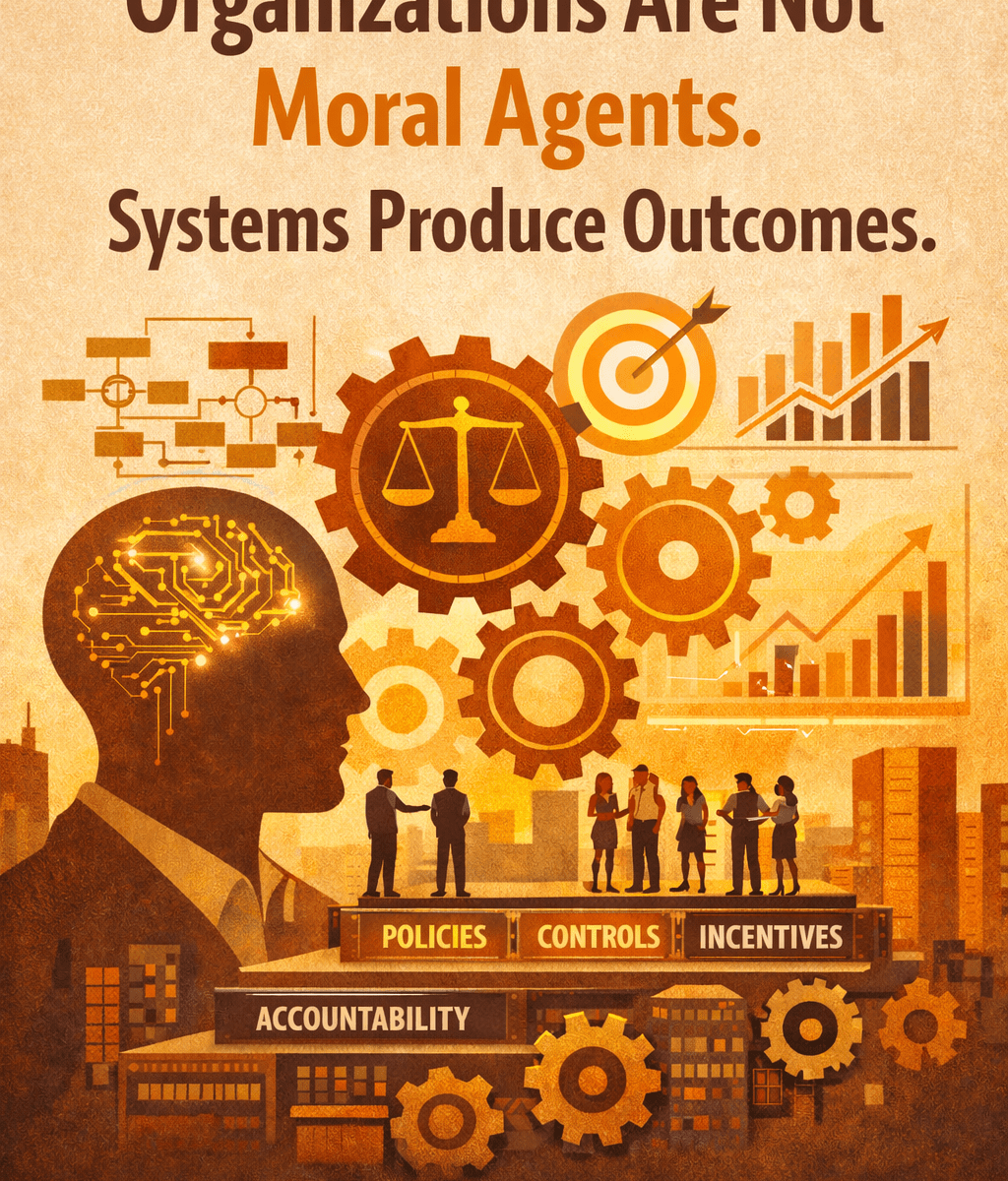 Mid-century modern illustration in warm brown, orange, and yellow tones showing gears, charts, a balance scale, and a human profile with circuitry to represent organizational systems and outcomes. The headline reads, “Organizations Are Not Moral Agents. Systems Produce Outcomes.” At the bottom, the image includes the text, “The Clarity Lounge ☕ at drtrecabourne.com/blog.”