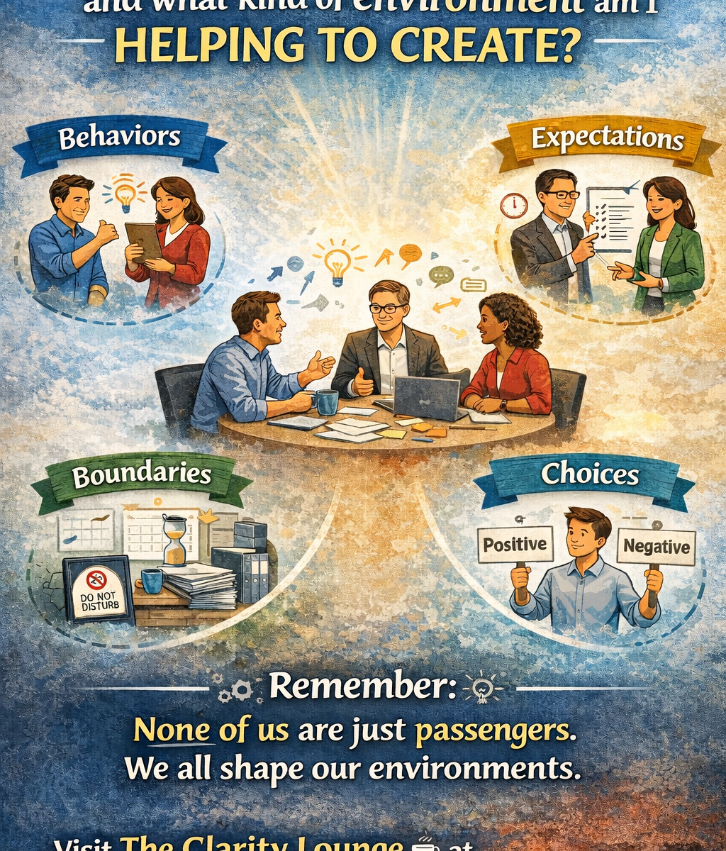 Illustrated infographic showing a diverse group of colleagues in discussion at a round table, surrounded by four labeled elements—Behaviors, Expectations, Boundaries, and Choices. At the top, text reads, “How do I want to show up, and what kind of environment am I helping to create?” At the bottom, a reminder states, “None of us are just passengers. We all shape our environments,” followed by a call to action: “Visit The Clarity Lounge ☕ at drtrecabourne.com/blog.” The image uses warm, professional tones to emphasize shared responsibility and intentional workplace culture.