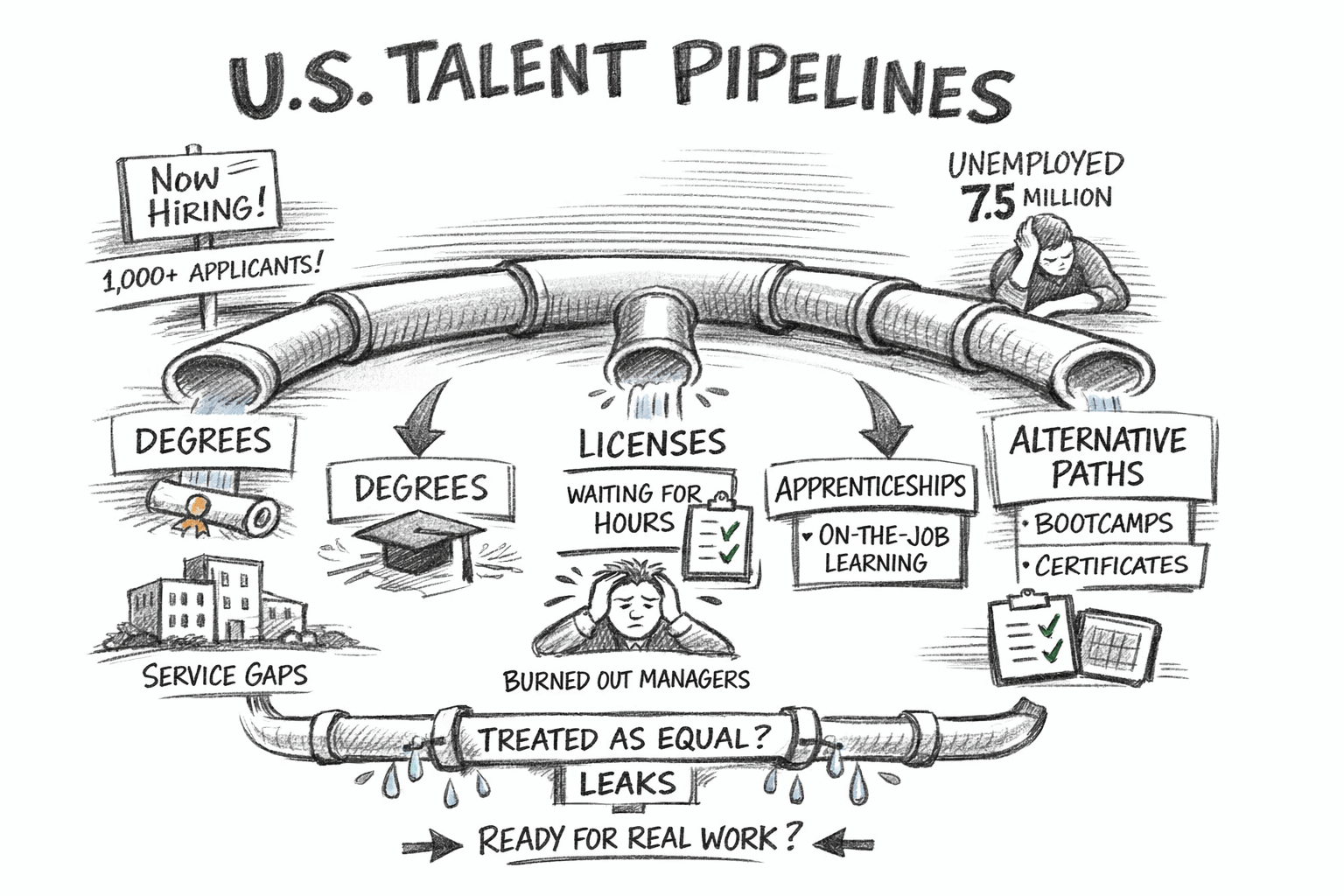 Hand-drawn black-and-white sketch titled “U.S. Talent Pipelines” showing a cracked pipeline carrying job seekers into work. Signs note “Now Hiring, 1,000+ Applicants” on the left and “Unemployed 7.5 million” on the right. Branches labeled Degrees, Licenses with waiting for hours, Apprenticeships with on-the-job learning, and Alternative Paths such as bootcamps and certificates feed into the pipe. Leaks below are labeled service gaps and burned-out managers, with a question at the bottom asking whether pipelines are treated as equal and whether people are ready for real work.