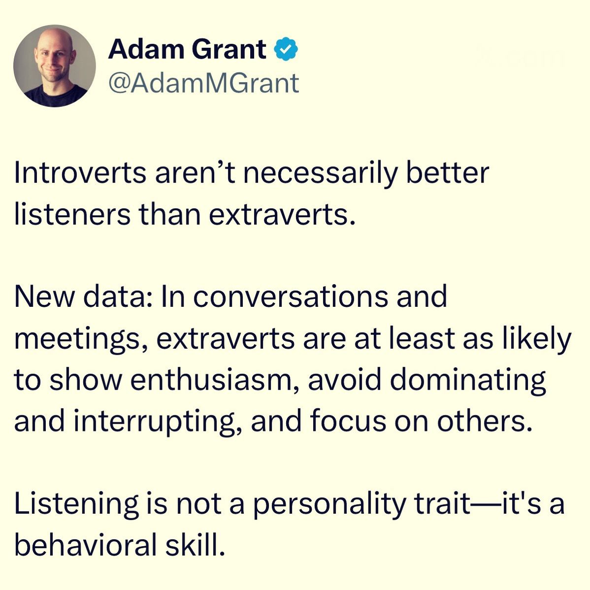 Capture of post from Dr. Adam Grant on new research about listening