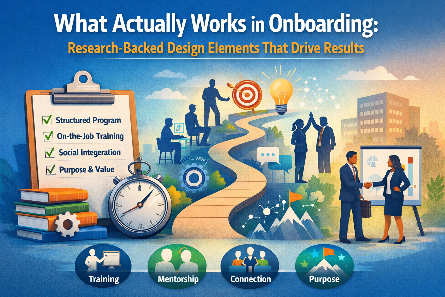 Illustrated featured image showing a structured onboarding journey with icons for training, mentorship, social connection, and purpose. A pathway leads new employees through learning, collaboration, and goal achievement, emphasizing onboarding as a system rather than a single event.