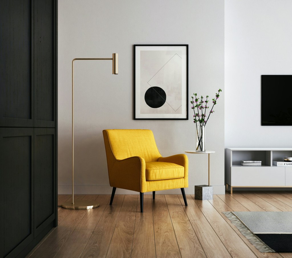 Modern living room with a yellow chair